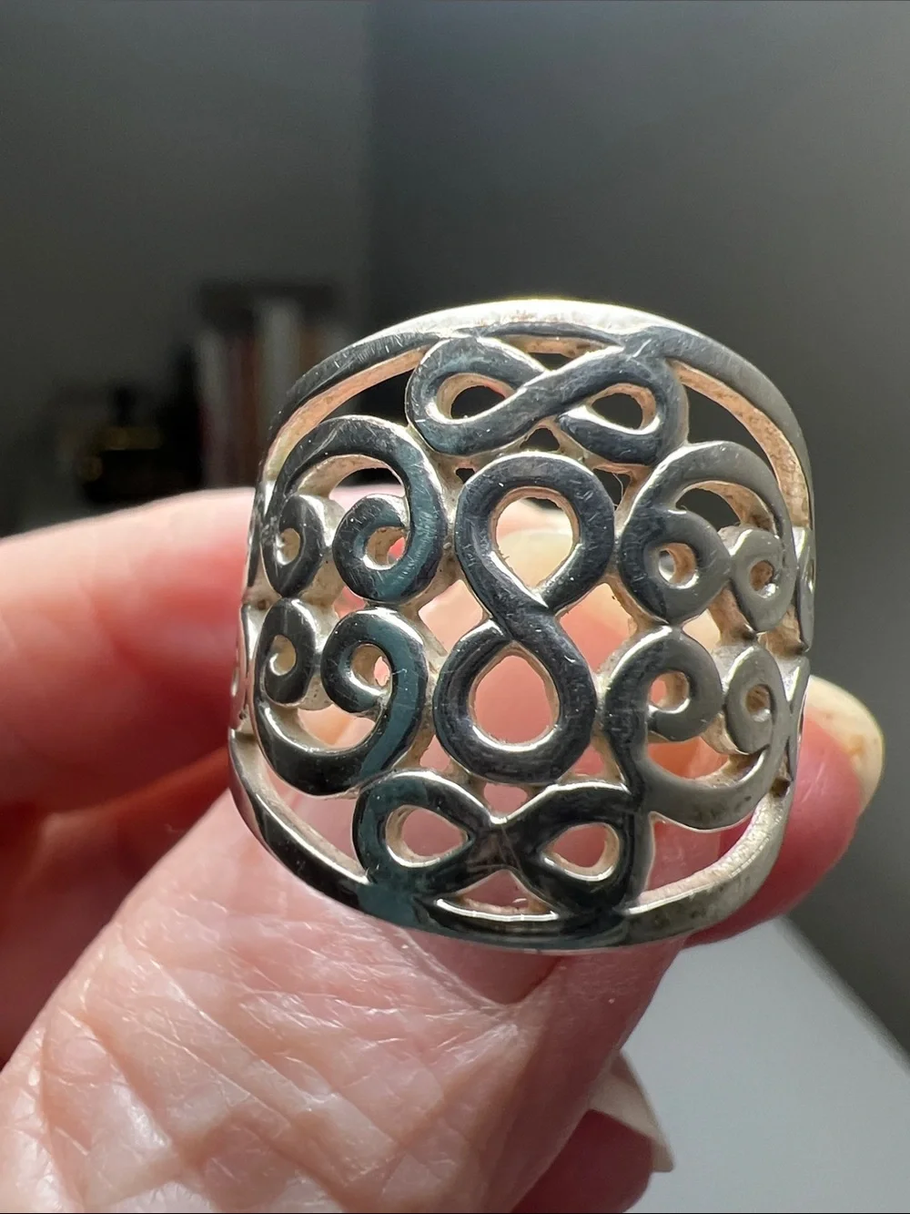 Sparkly Silver Tone Openwork Scroll Wide Band Ring - Vintage